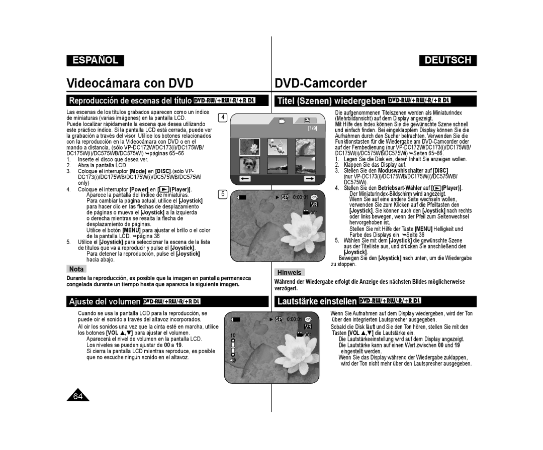 Samsung VP-DC171W/XEE manual Ajuste del volumen DVD-RW/+RW/-R/+R DL, Reproducción de escenas del título DVD-RW/+RW/-R/+R DL 