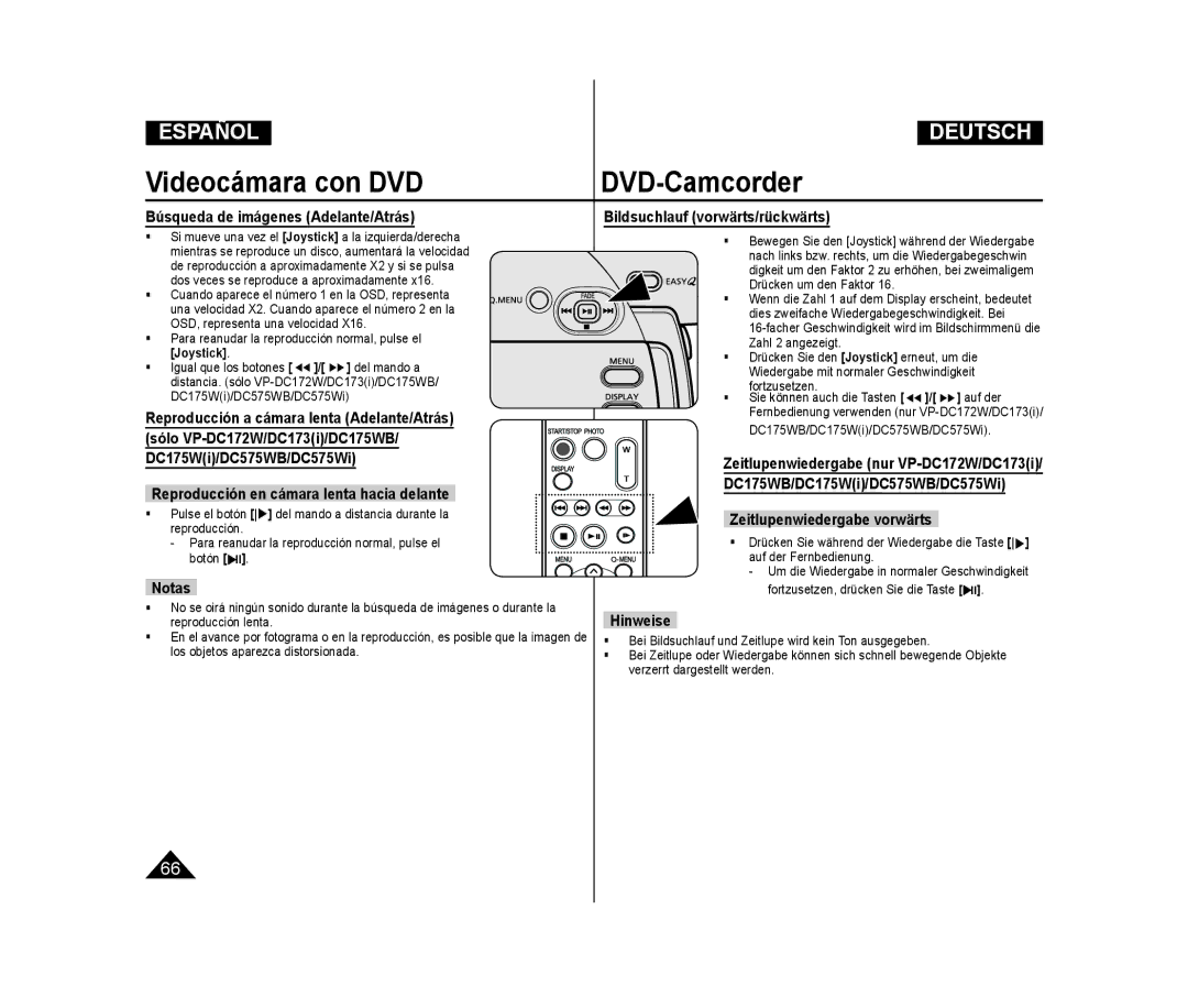 Samsung VP-DC175WB/XEF, VP-DC171/XEF manual Búsqueda de imágenes Adelante/Atrás, Reproducción en cámara lenta hacia delante 