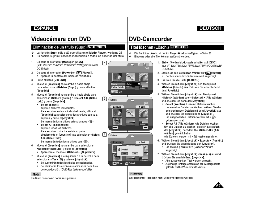 Samsung VP-DC171/XEF, VP-DC175WB/XEF, VP-DC173/XEF, VP-DC171W/XEF, VP-DC171W/XEO Eliminación de un título Supr. DVD -RW/+RW 