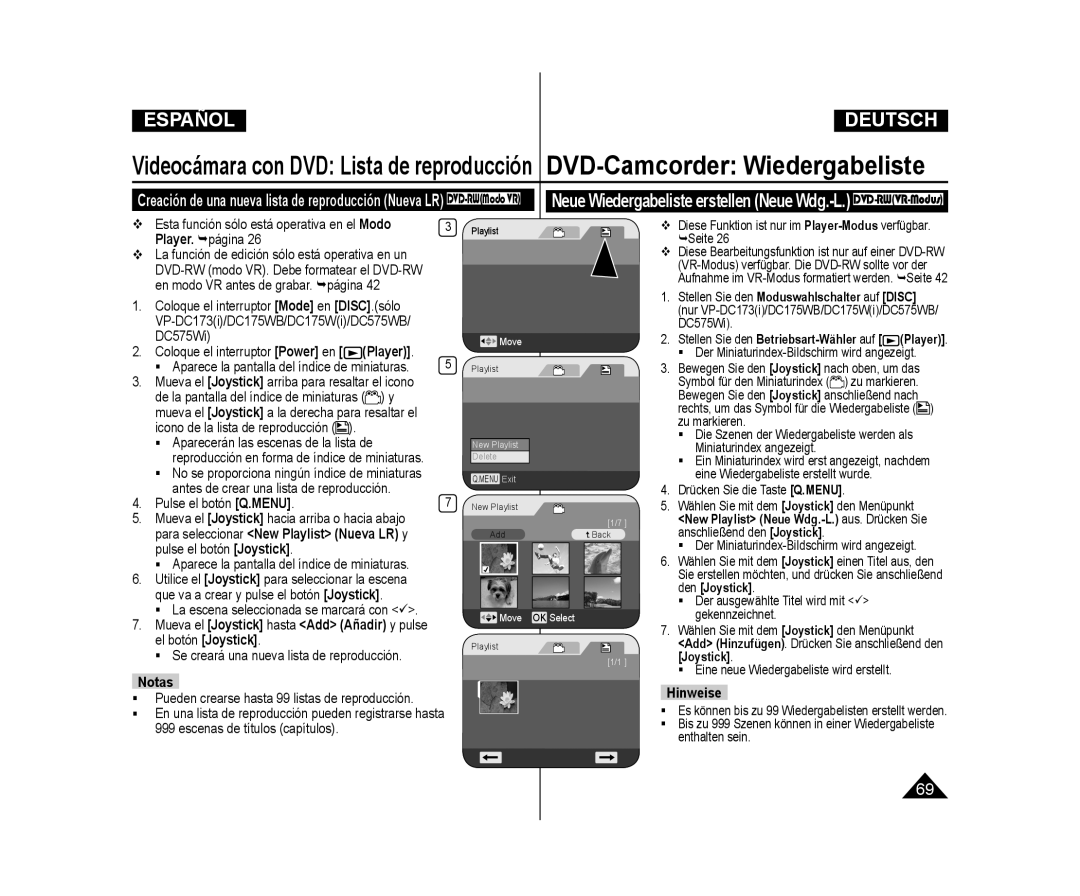 Samsung VP-DC171W/XEF, VP-DC175WB/XEF  Se creará una nueva lista de reproducción, Zu markieren, Miniaturindex angezeigt 