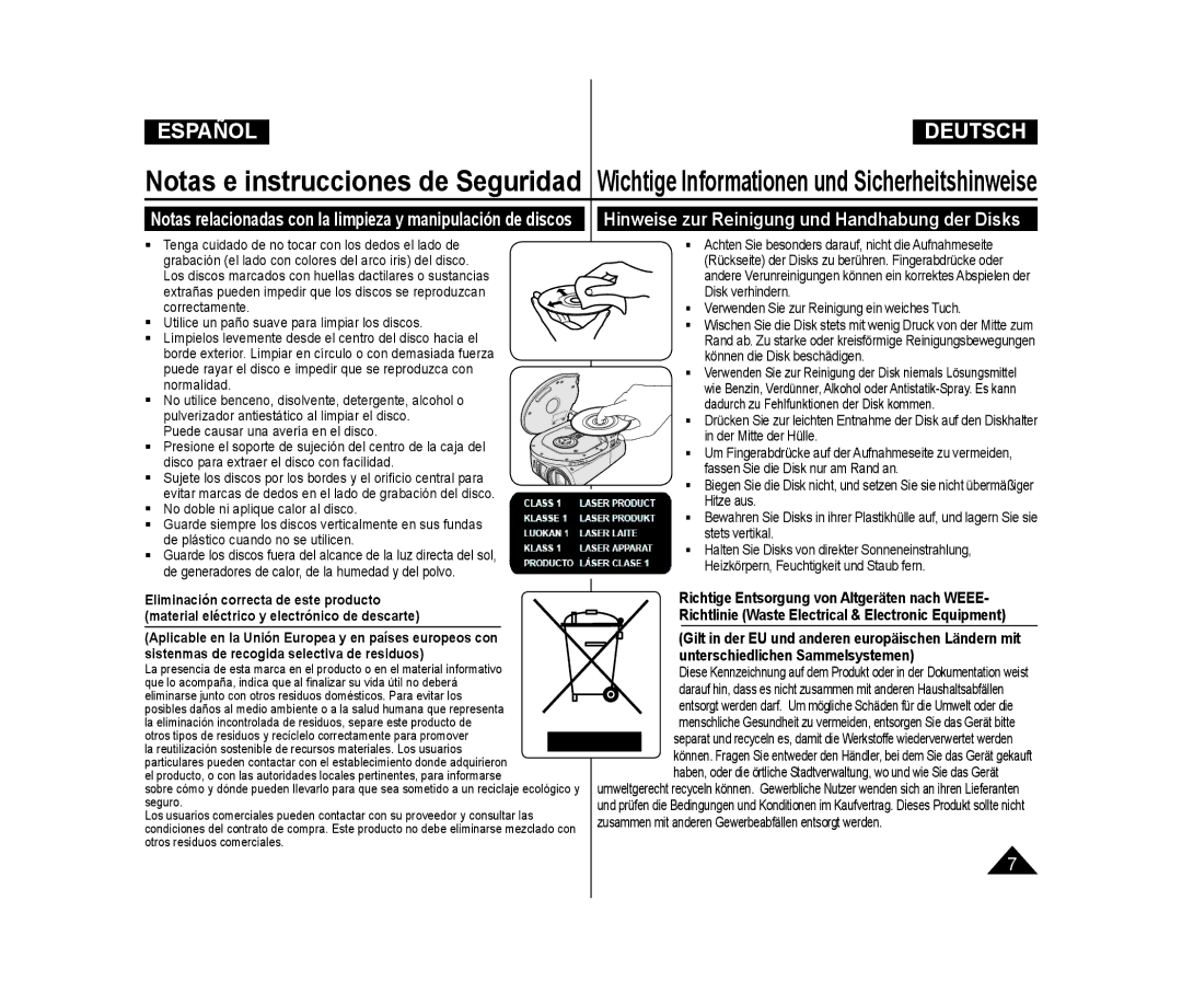 Samsung VP-DC173/XEE manual Hinweise zur Reinigung und Handhabung der Disks,  Verwenden Sie zur Reinigung ein weiches Tuch 