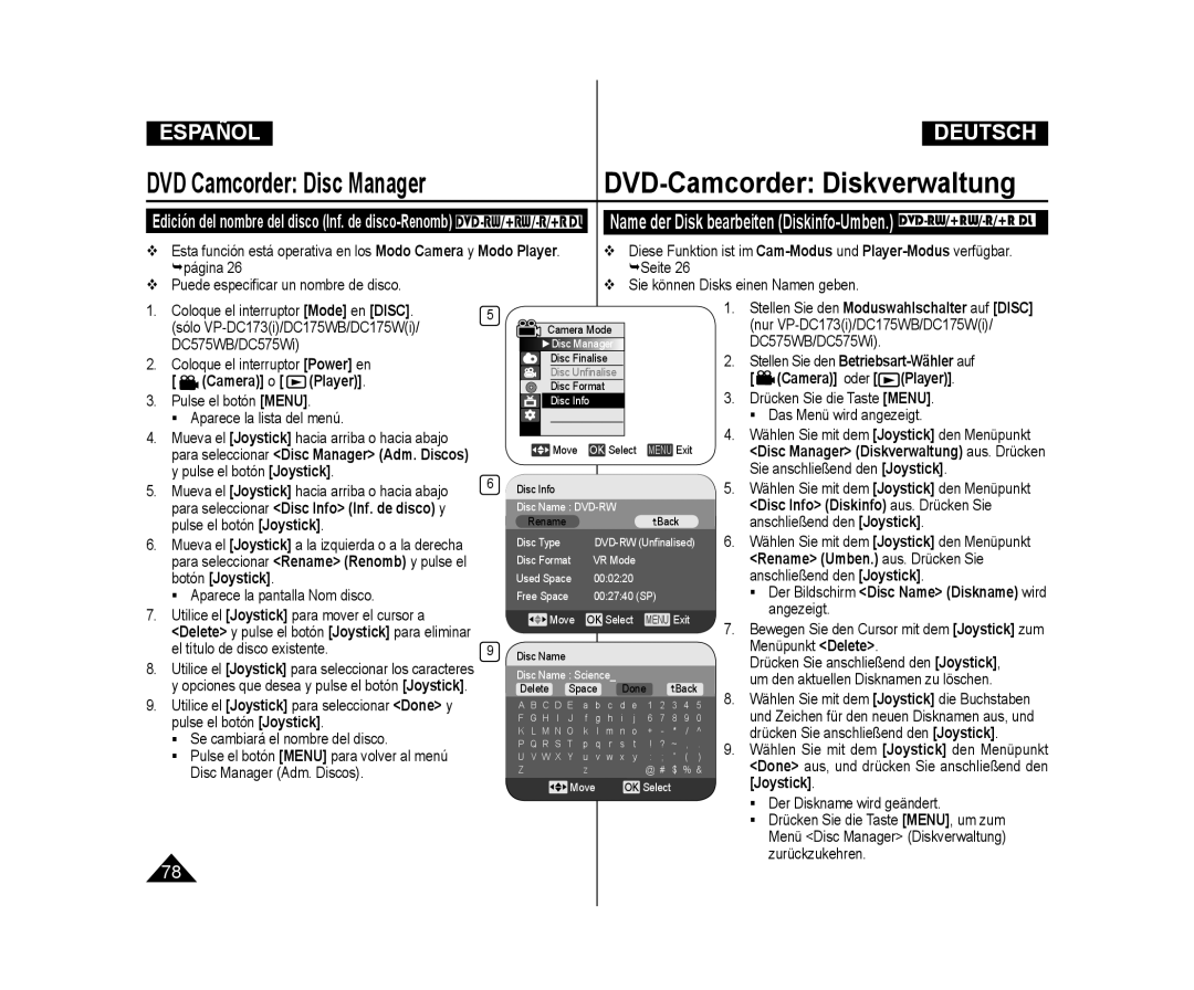 Samsung VP-DC171/XEF, VP-DC175WB/XEF, VP-DC173/XEF, VP-DC171W/XEF Disc Format, Move OK Select Menu Exit Disc lnfo, Disc Name 