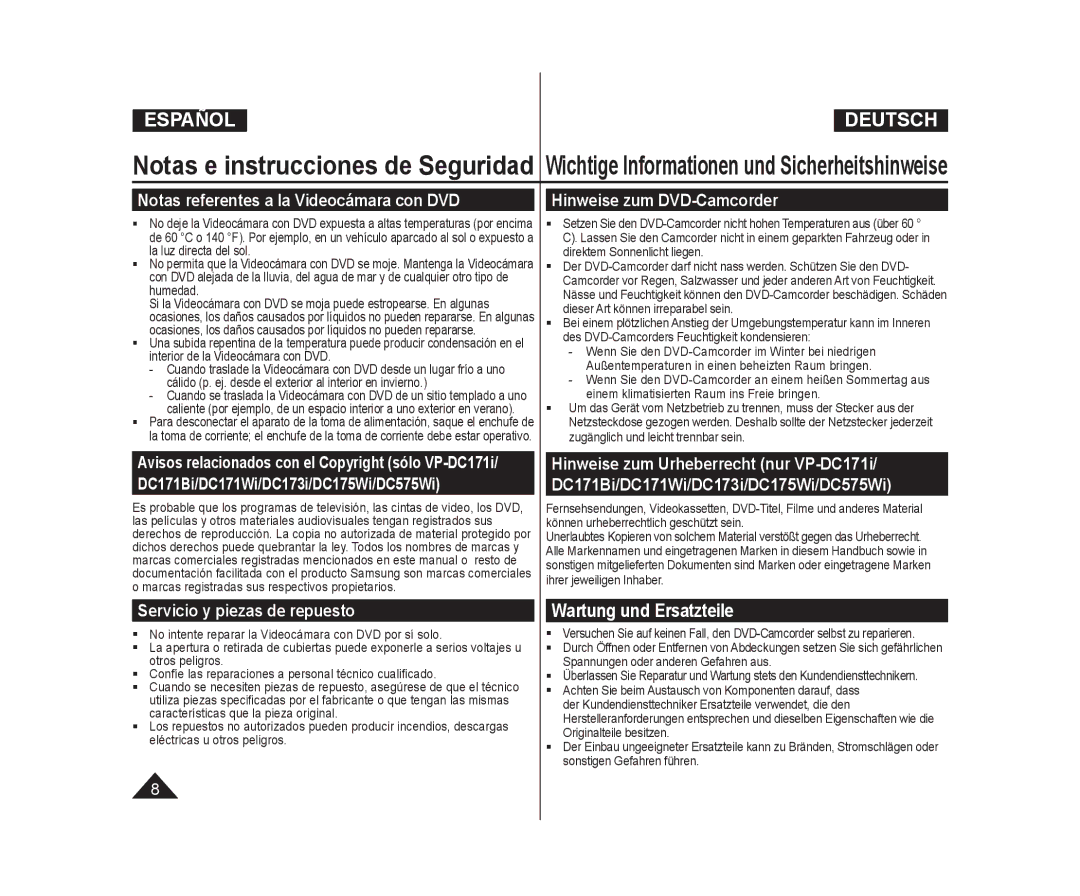 Samsung VP-DC171/XEO Notas referentes a la Videocámara con DVD, Hinweise zum DVD-Camcorder, Servicio y piezas de repuesto 