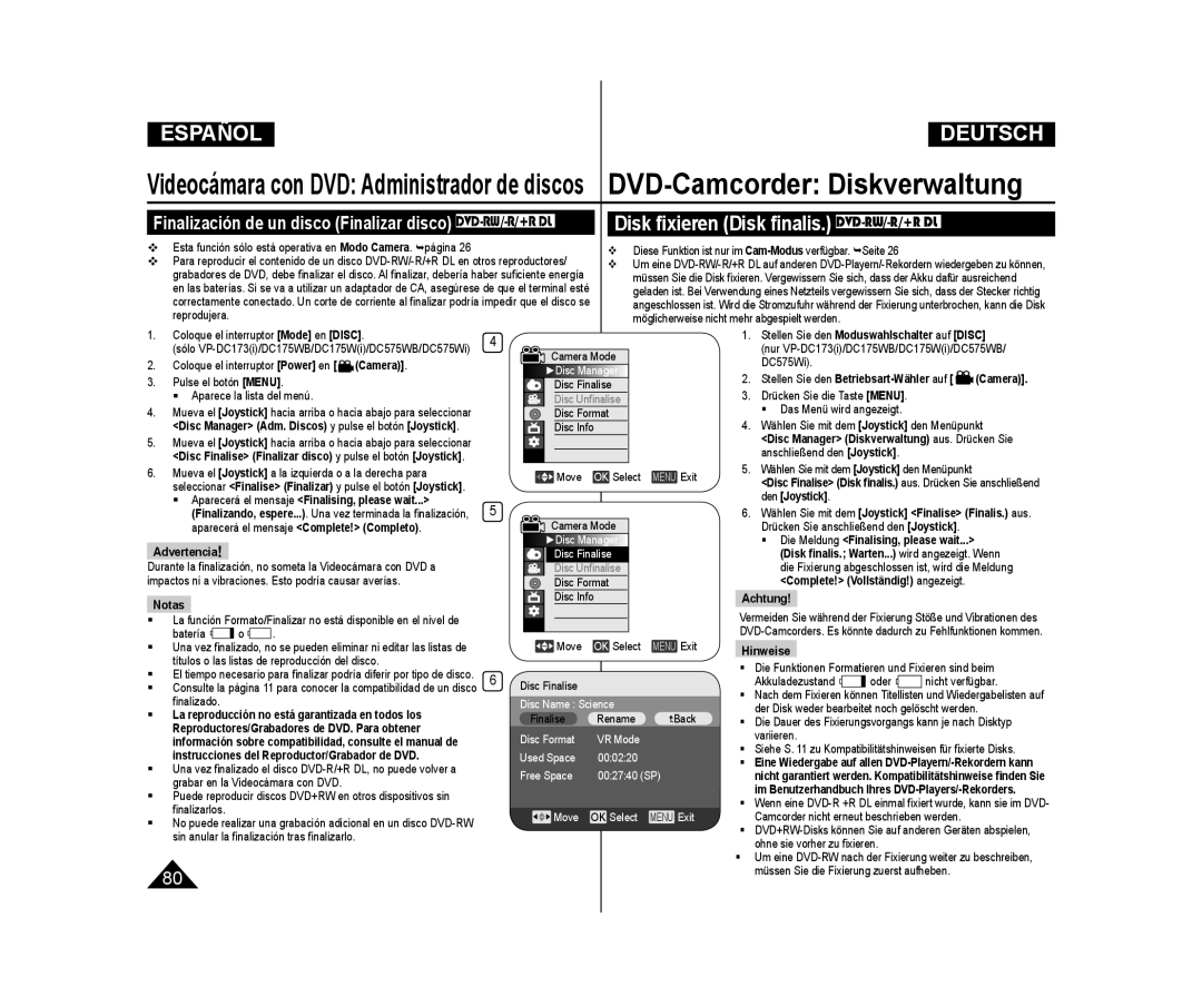 Samsung VP-DC171W/XEF, VP-DC175WB/XEF, VP-DC171/XEF, VP-DC173/XEF, VP-DC171W/XEO, VP-DC171/XEE manual Advertencia, Achtung 