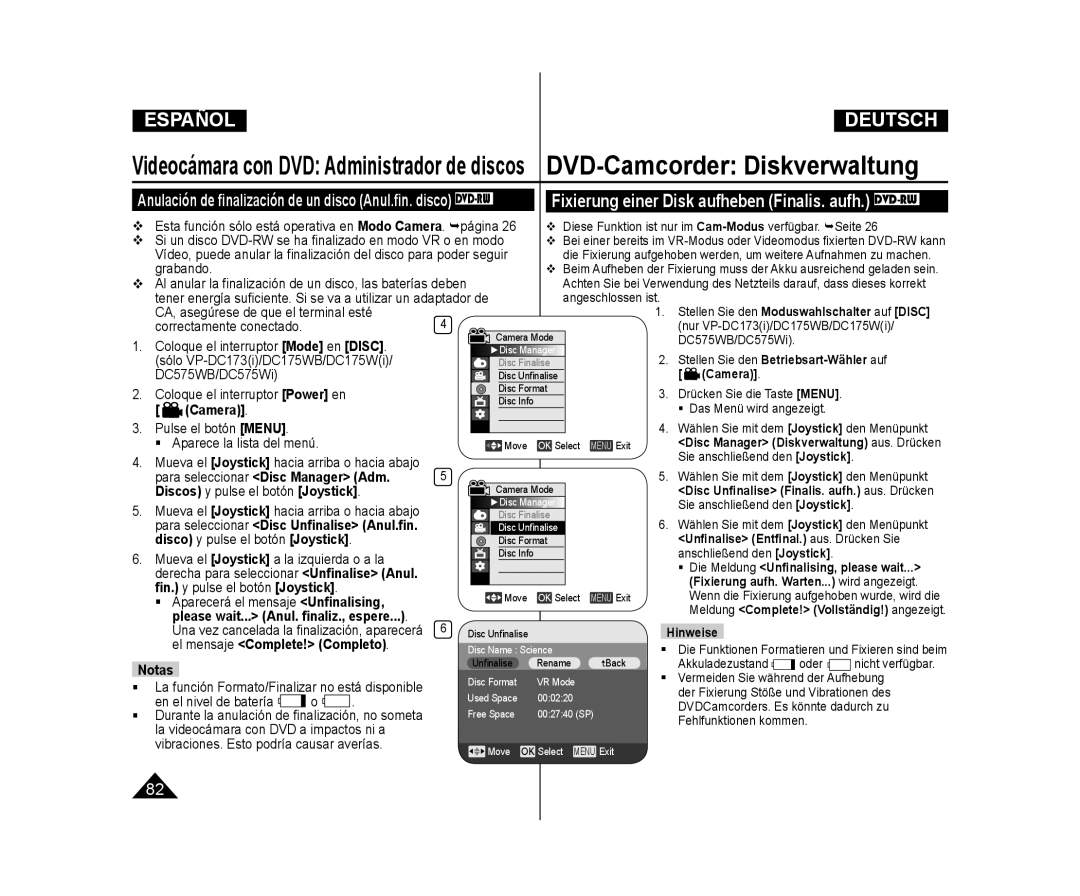 Samsung VP-DC171/XEE Vibraciones. Esto podría causar averías.,  Diese Funktion ist nur im Cam-Modusverfügbar. Seite 