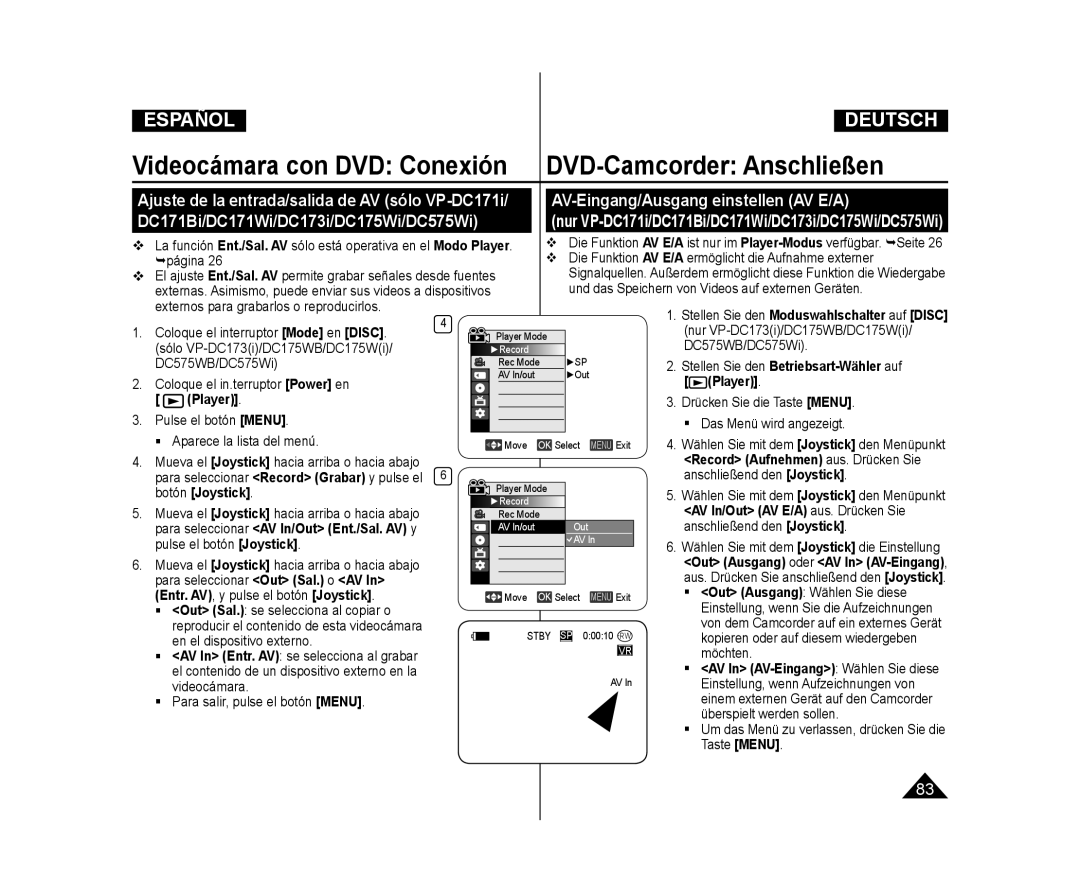 Samsung VP-DC175WB/XEO, VP-DC175WB/XEF manual AV-Eingang/Ausgang einstellen AV E/A, AV In/Out AV E/A aus. Drücken Sie 