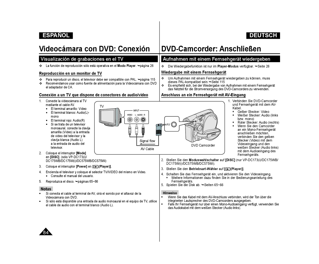 Samsung VP-DC173/XEE, VP-DC175WB/XEF Visualización de grabaciones en el TV, Aufnahmen mit einem Fernsehgerät wiedergeben 