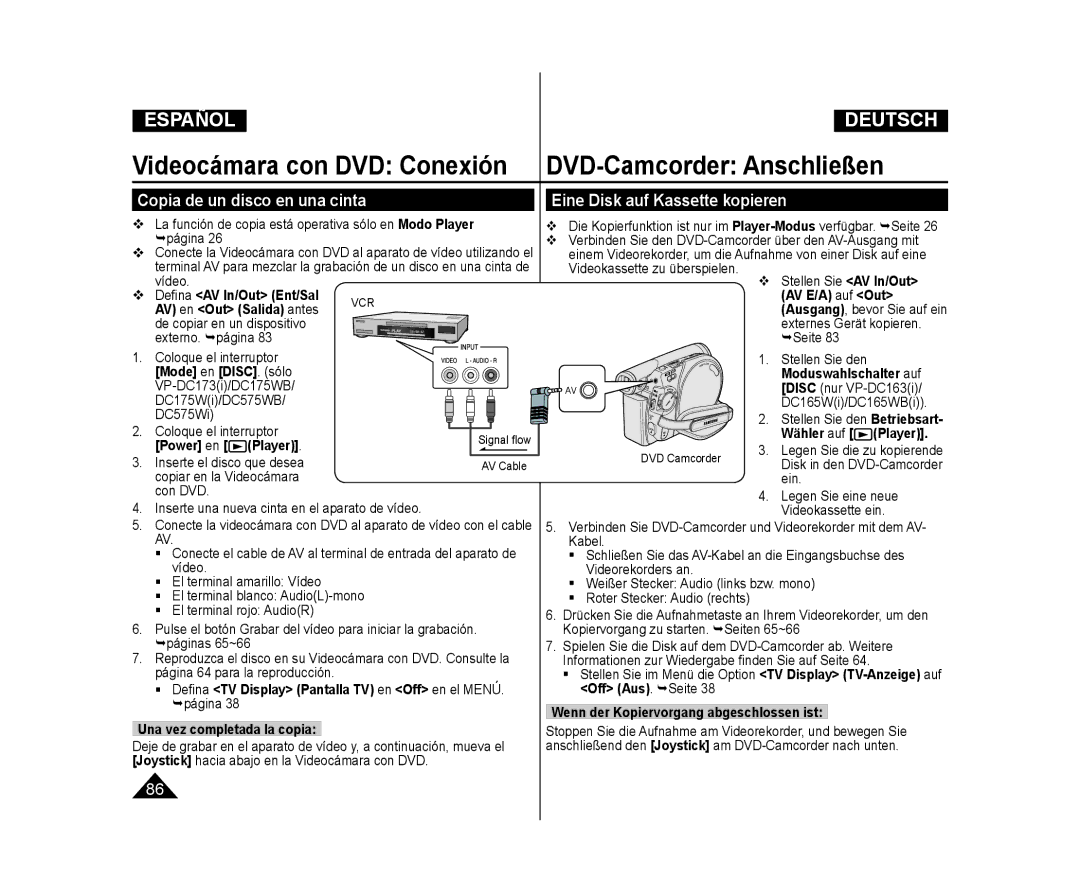 Samsung VP-DC171W/XEE manual Copia de un disco en una cinta, Eine Disk auf Kassette kopieren, Una vez completada la copia 