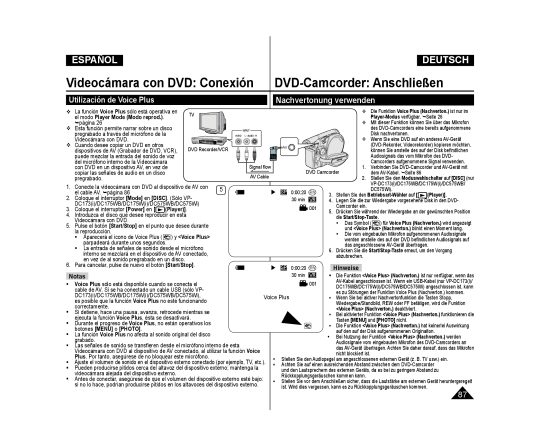 Samsung VP-DC173/XEO, VP-DC175WB/XEF, VP-DC171/XEF manual Nachvertonung verwenden, Utilización de Voice Plus, Hinweise Notas 