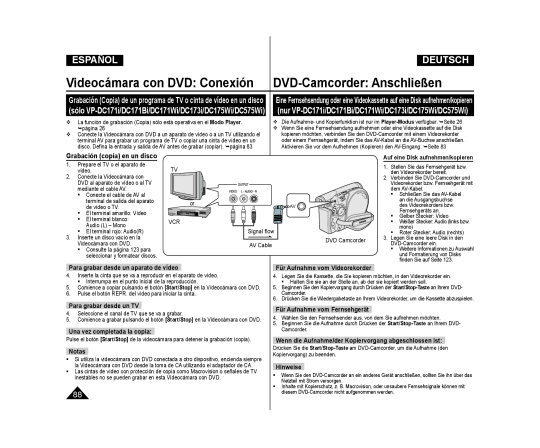 Samsung VP-DC175WB/XEF Para grabar desde un aparato de vídeo, Para grabar desde un TV, Für Aufnahme vom Videorekorder 