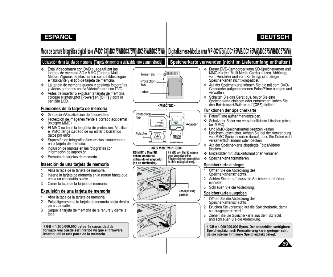 Samsung VP-DC171/XEF, VP-DC175WB/XEF, VP-DC173/XEF Funciones de la tarjeta de memoria, Inserción de una tarjeta de memoria 