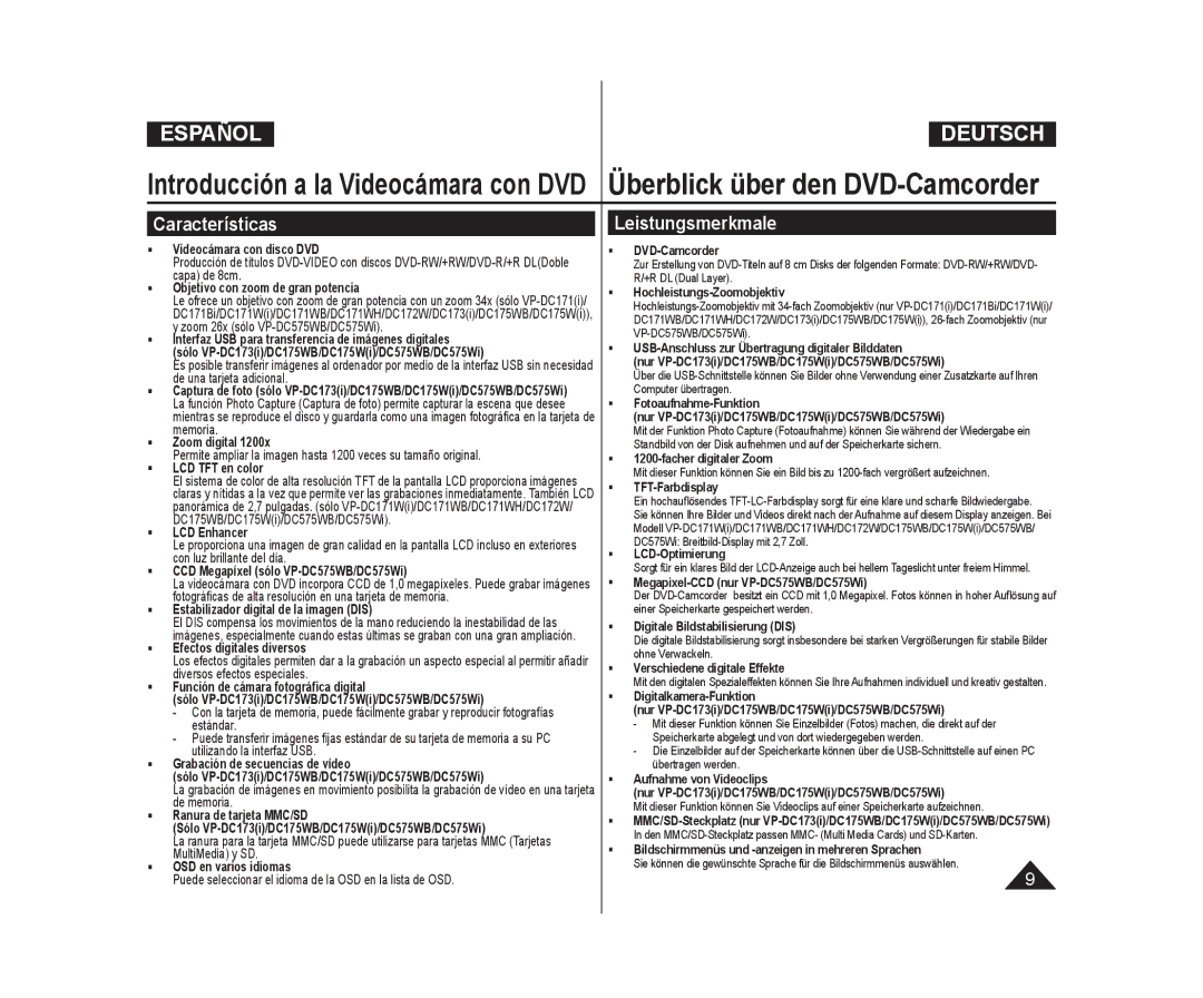 Samsung VP-DC171W/XEE, VP-DC175WB/XEF, VP-DC171/XEF, VP-DC173/XEF, VP-DC171W/XEF manual Características, Leistungsmerkmale 