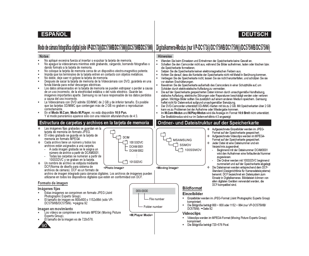 Samsung VP-DC173/XEF, VP-DC175WB/XEF, VP-DC171/XEF, VP-DC171/XEE Ordner- und Dateistruktur auf der Speicherkarte, Bildformat 