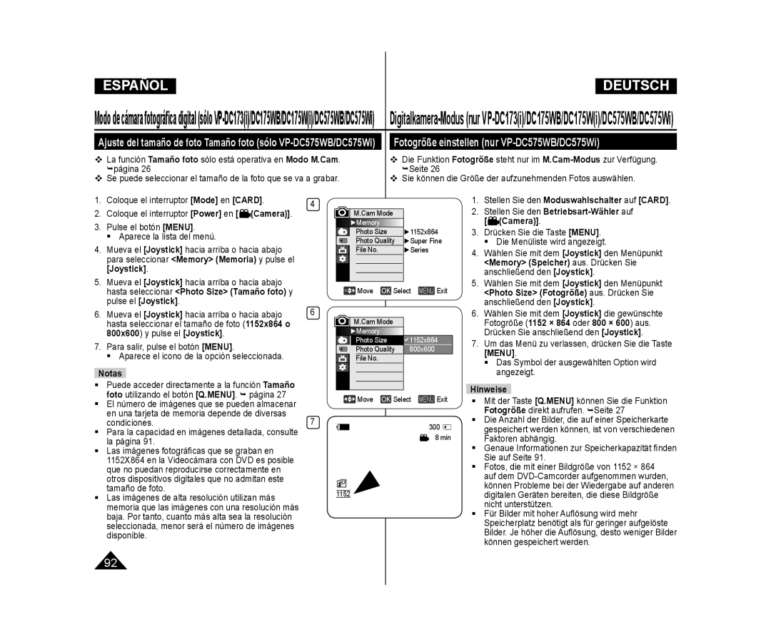 Samsung VP-DC171W/XEO manual Fotogröße einstellen nur VP-DC575WB/DC575Wi, Stellen Sie den Moduswahlschalter auf Card 