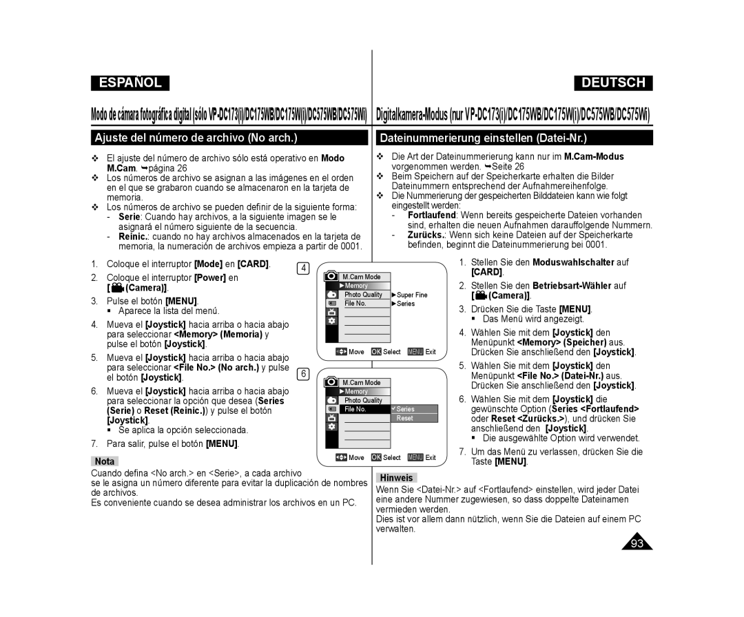 Samsung VP-DC171/XEE, VP-DC175WB/XEF manual Ajuste del número de archivo No arch, Dateinummerierung einstellen Datei-Nr 