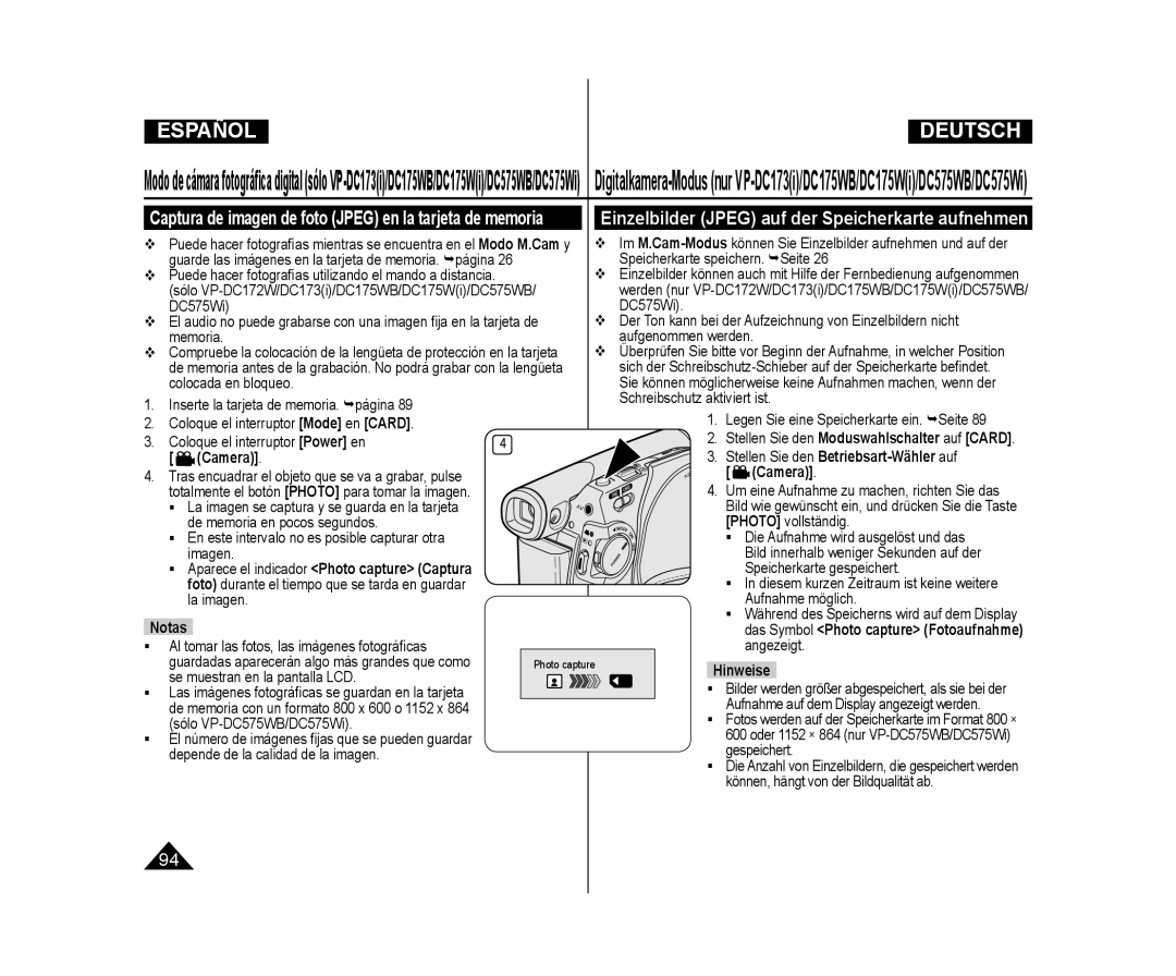 Samsung VP-DC175WB/XEO manual  Der Ton kann bei der Aufzeichnung von Einzelbildern nicht, Memoria Aufgenommen werden 