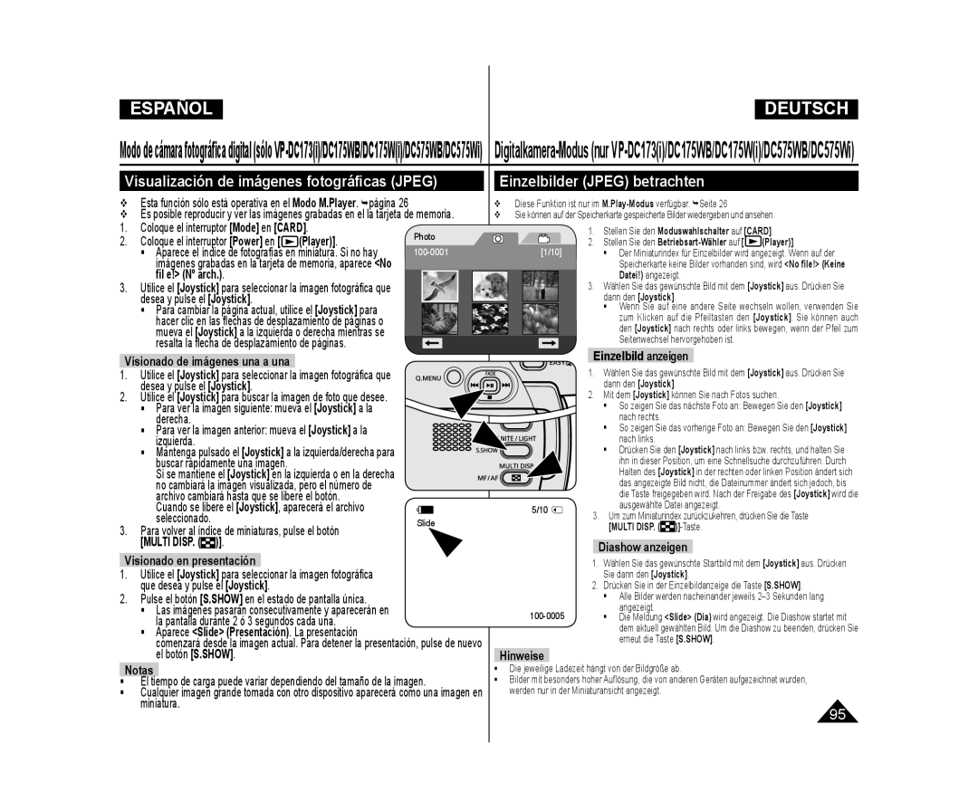 Samsung VP-DC173/XEE, VP-DC175WB/XEF manual ﬁl e! Nº arch, Einzelbild anzeigen, Diashow anzeigen Visionado en presentación 