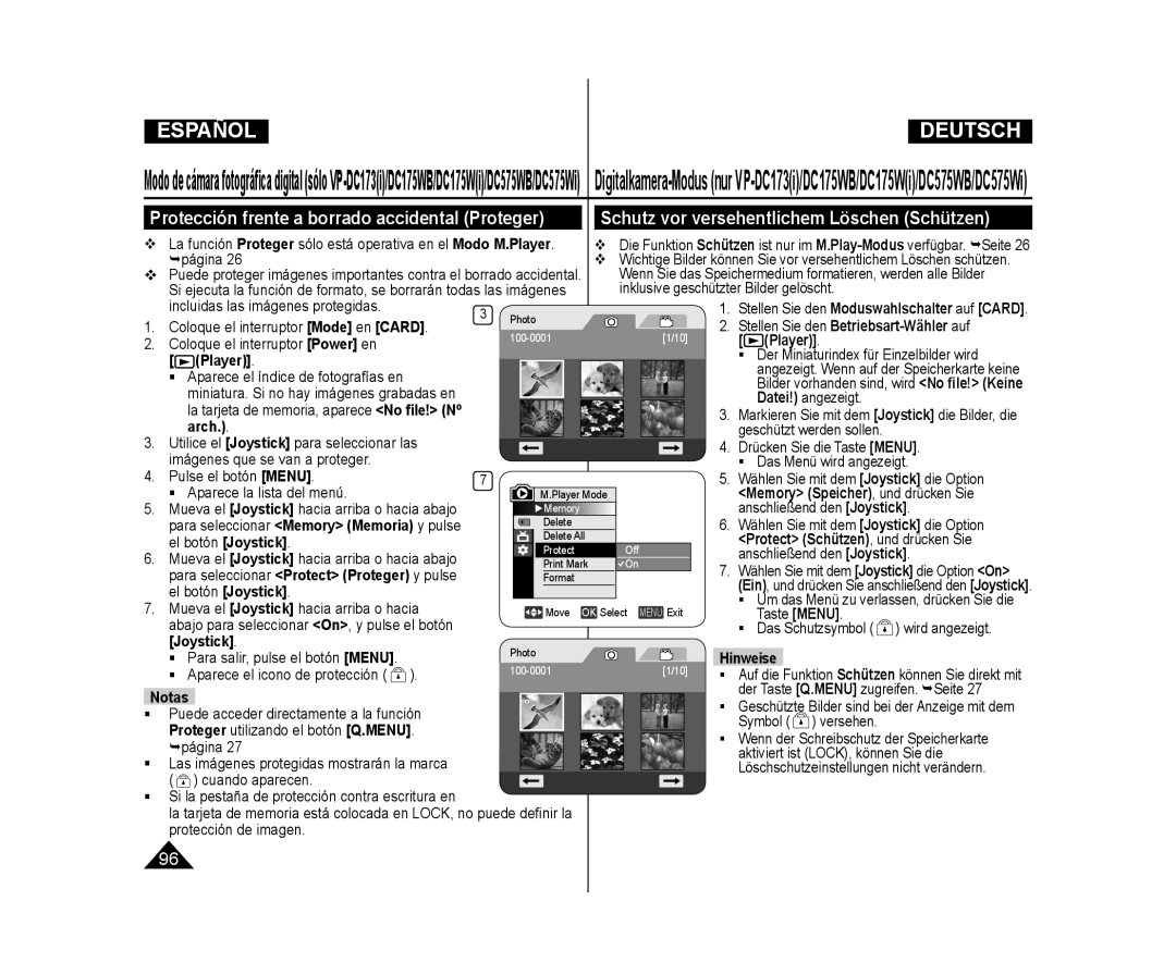 Samsung VP-DC171/XEO, VP-DC175WB/XEF manual Arch, Memory Speicher, und drücken Sie, Protect Schützen, und drücken Sie 