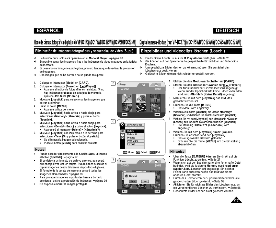 Samsung VP-DC171W/XEE, VP-DC171/XEF Einzelbilder und Videoclips löschen Lösch,  No es posible borrar la imagen protegida 