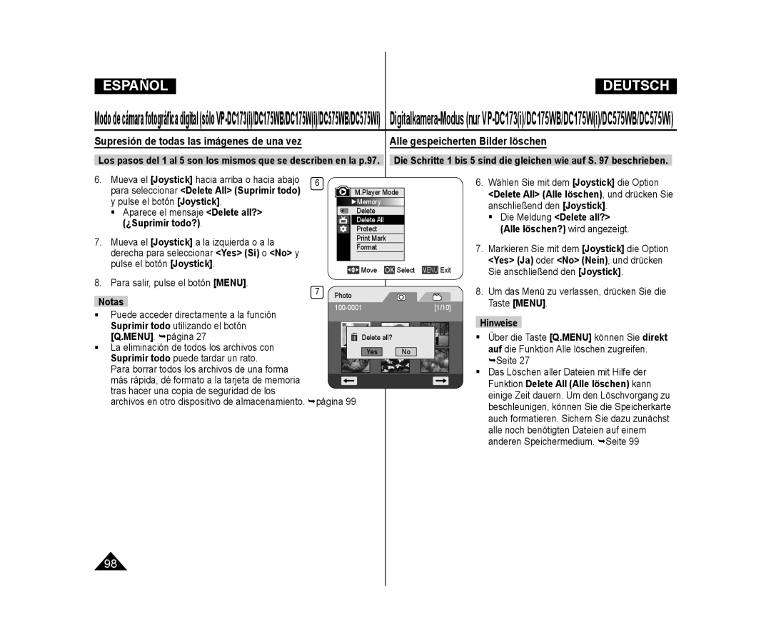 Samsung VP-DC173/XEO manual Supresión de todas las imágenes de una vez, Alle gespeicherten Bilder löschen, ¿Suprimir todo? 