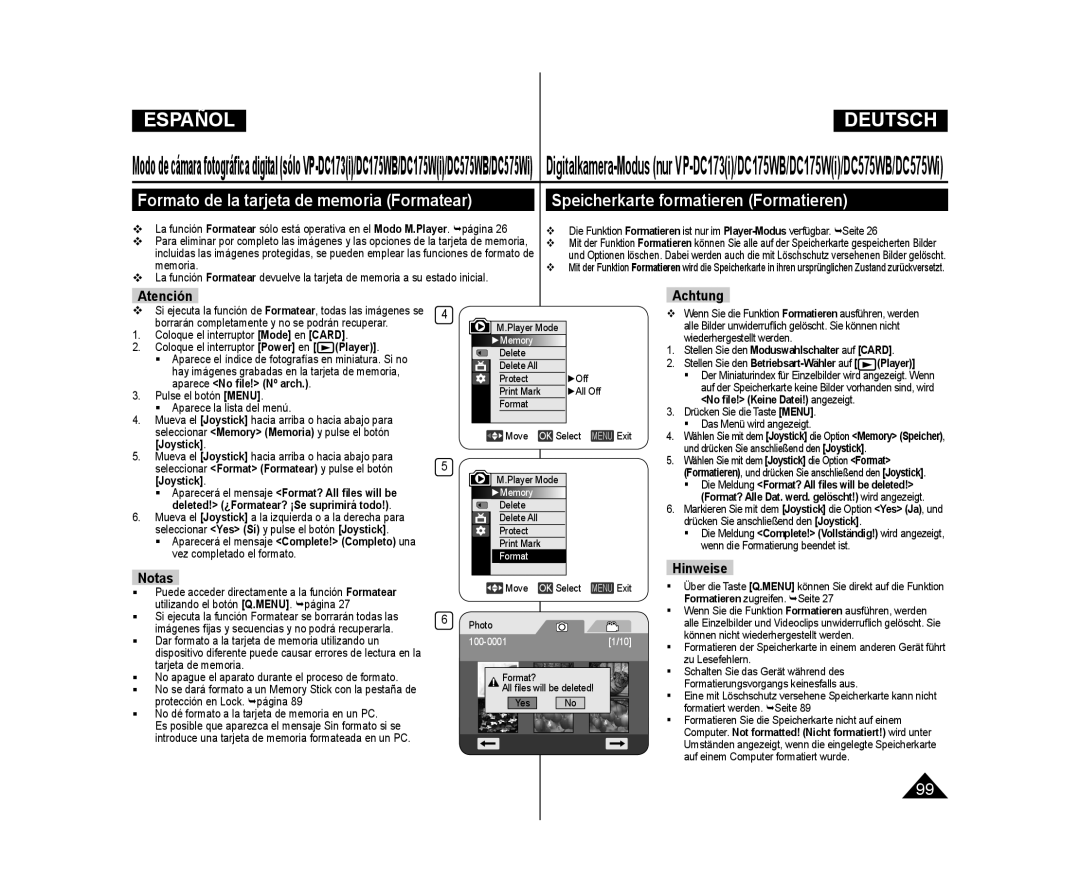 Samsung VP-DC175WB/XEF manual Formato de la tarjeta de memoria Formatear, Speicherkarte formatieren Formatieren, Atención 