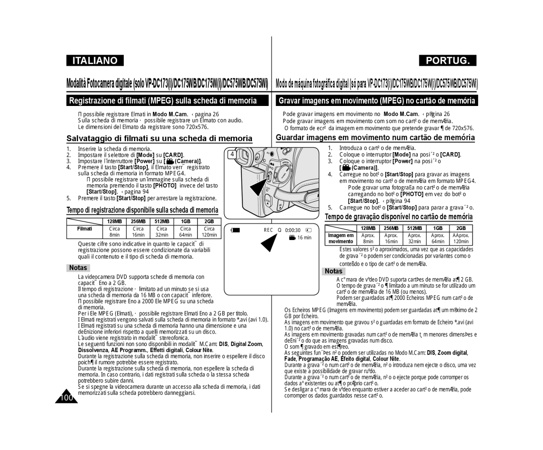 Samsung VP-DC175W/XEF, VP-DC575WB/XEF, VP-DC171/XEF, VP-DC171W/XEF manual Registrazione di ﬁlmati Mpeg sulla scheda di memoria 