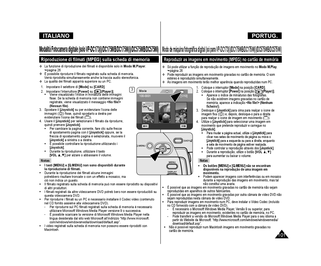 Samsung VP-DC171WH/XEF, VP-DC575WB/XEF manual Riproduzione di ﬁlmati Mpeg sulla scheda di memoria, Nessun ﬁle, ﬁcheiro 