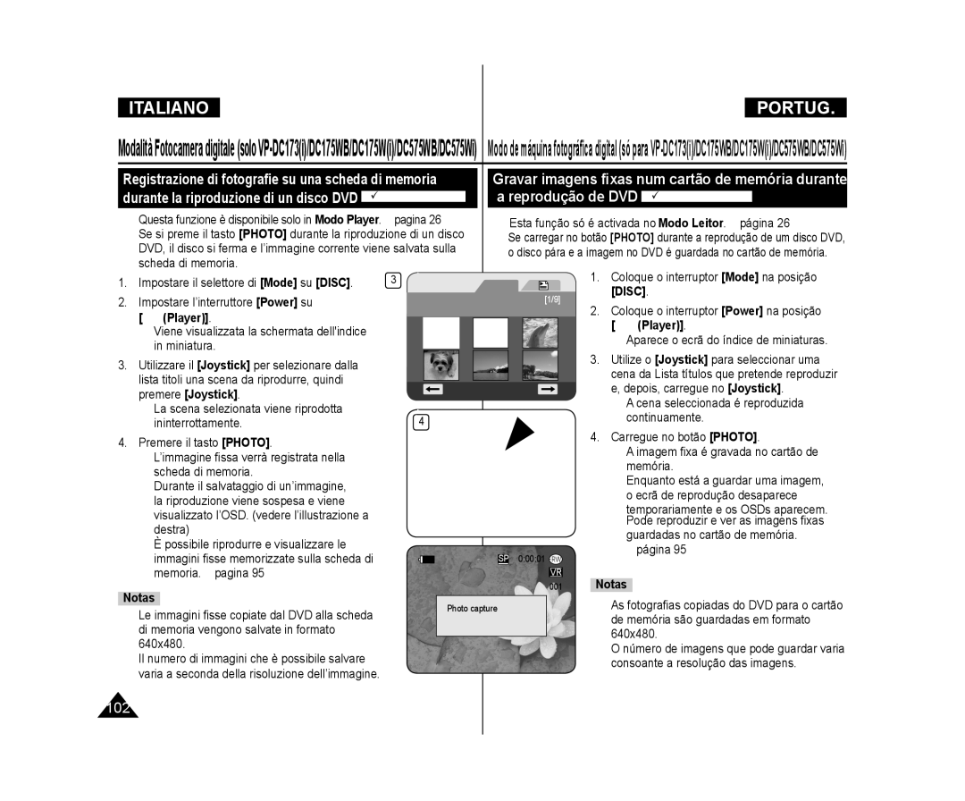 Samsung VP-DC575WB/XEF manual  a cena seleccionada é reproduzida, Memoria. pagina, De memória são guardadas em formato 