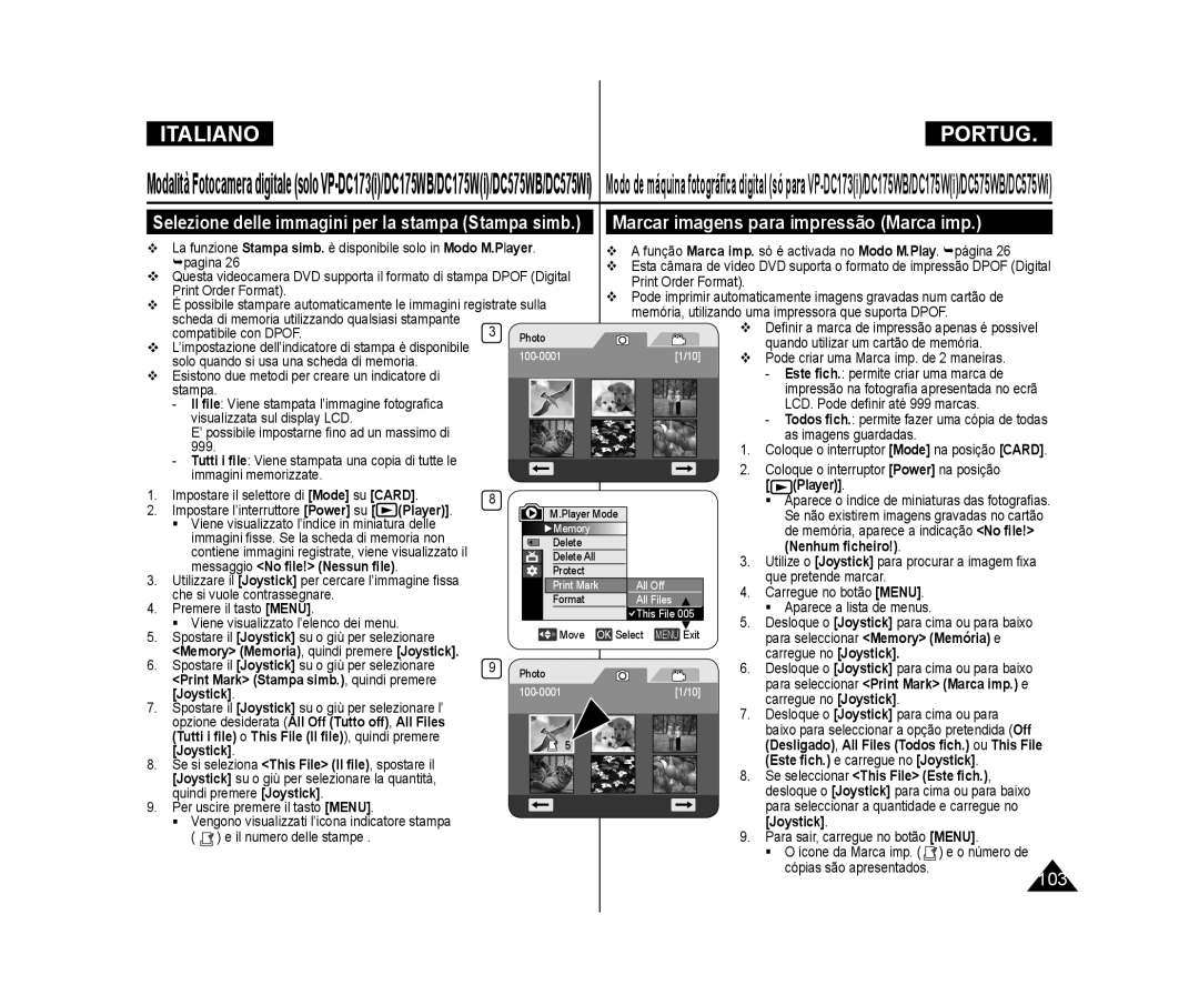 Samsung VP-DC171/XEF manual Marcar imagens para impressão Marca imp, Selezione delle immagini per la stampa Stampa simb 