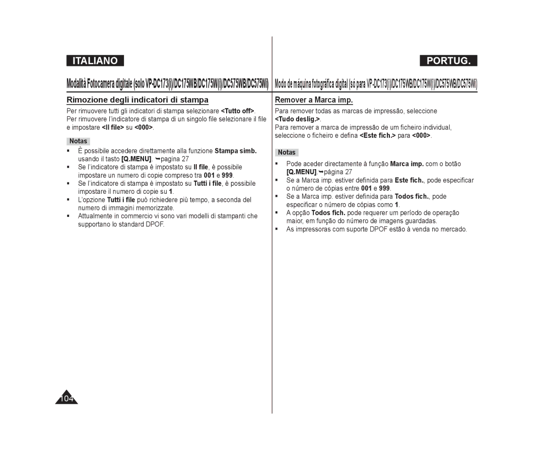 Samsung VP-DC171W/XEF, VP-DC575WB/XEF, VP-DC171/XEF, VP-DC175W/XEF Rimozione degli indicatori di stampa, Remover a Marca imp 