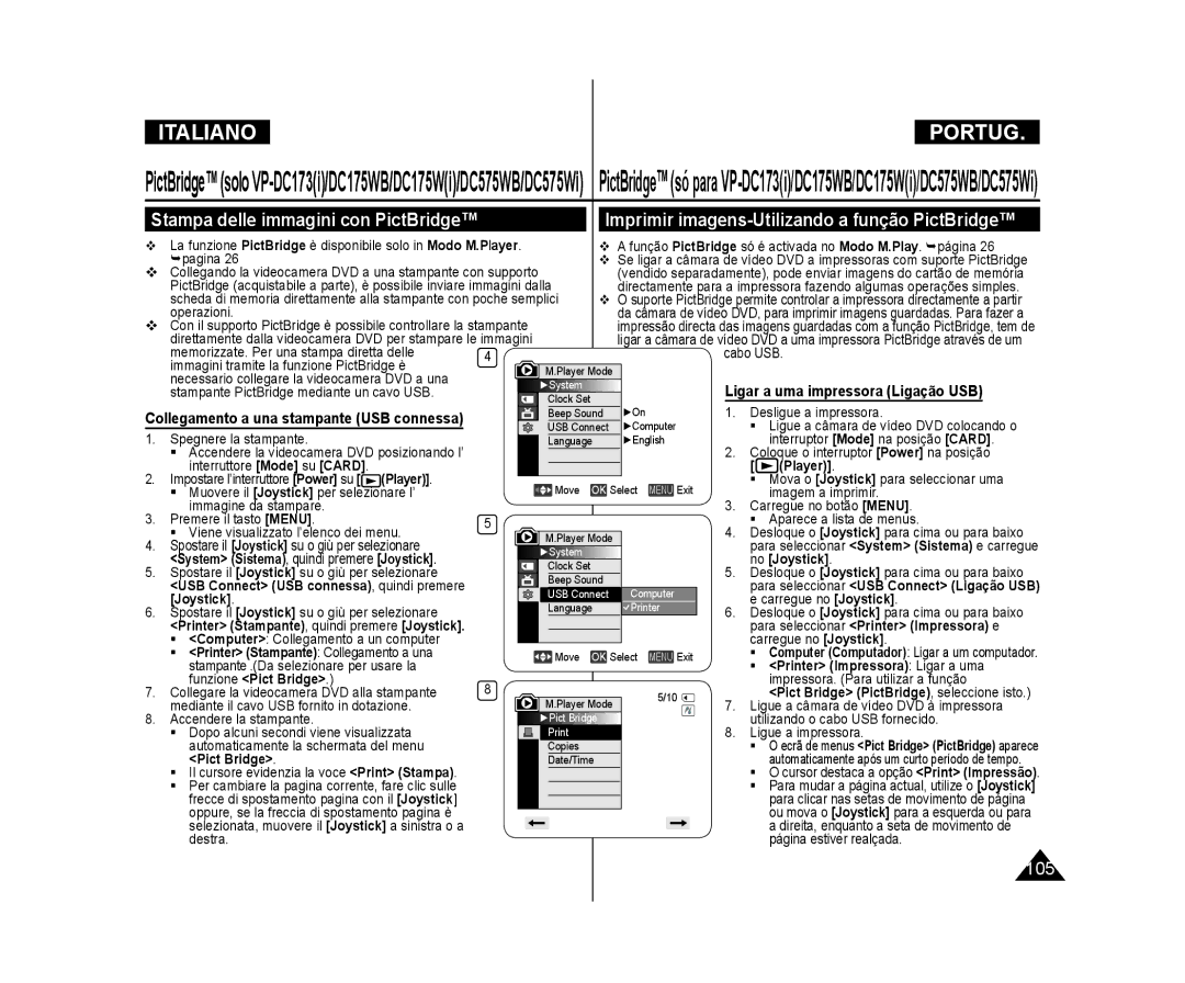 Samsung VP-DC171WB/XEF manual Ligar a uma impressora Ligação USB, Printer Impressora Ligar a uma, Funzione Pict Bridge 
