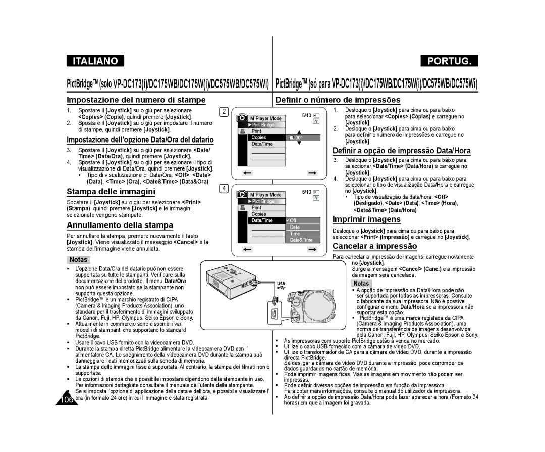 Samsung VP-DC175W/XEF manual Stampa delle immagini, Annullamento della stampa, Deﬁnir a opção de impressão Data/Hora 