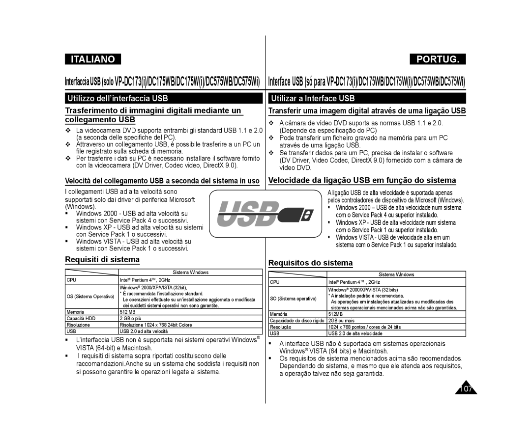 Samsung VP-DC171WH/XEF, VP-DC575WB/XEF manual Utilizzo dell’interfaccia USB, Utilizar a Interface USB, Requisiti di sistema 