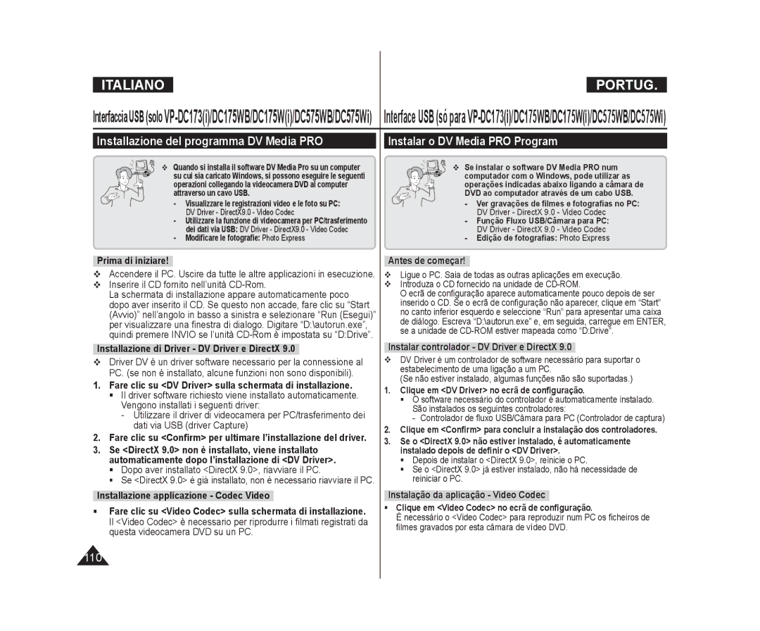 Samsung VP-DC171W/XEF, VP-DC575WB/XEF Prima di iniziare, Installazione di Driver DV Driver e DirectX, Antes de começar 
