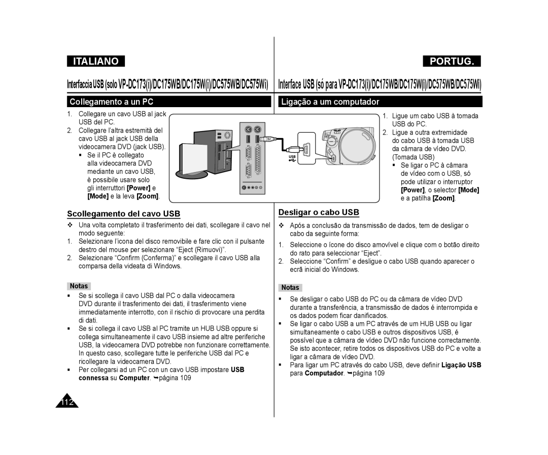 Samsung VP-DC175W/XEF manual Collegamento a un PC, Ligação a um computador, Scollegamento del cavo USB, Desligar o cabo USB 