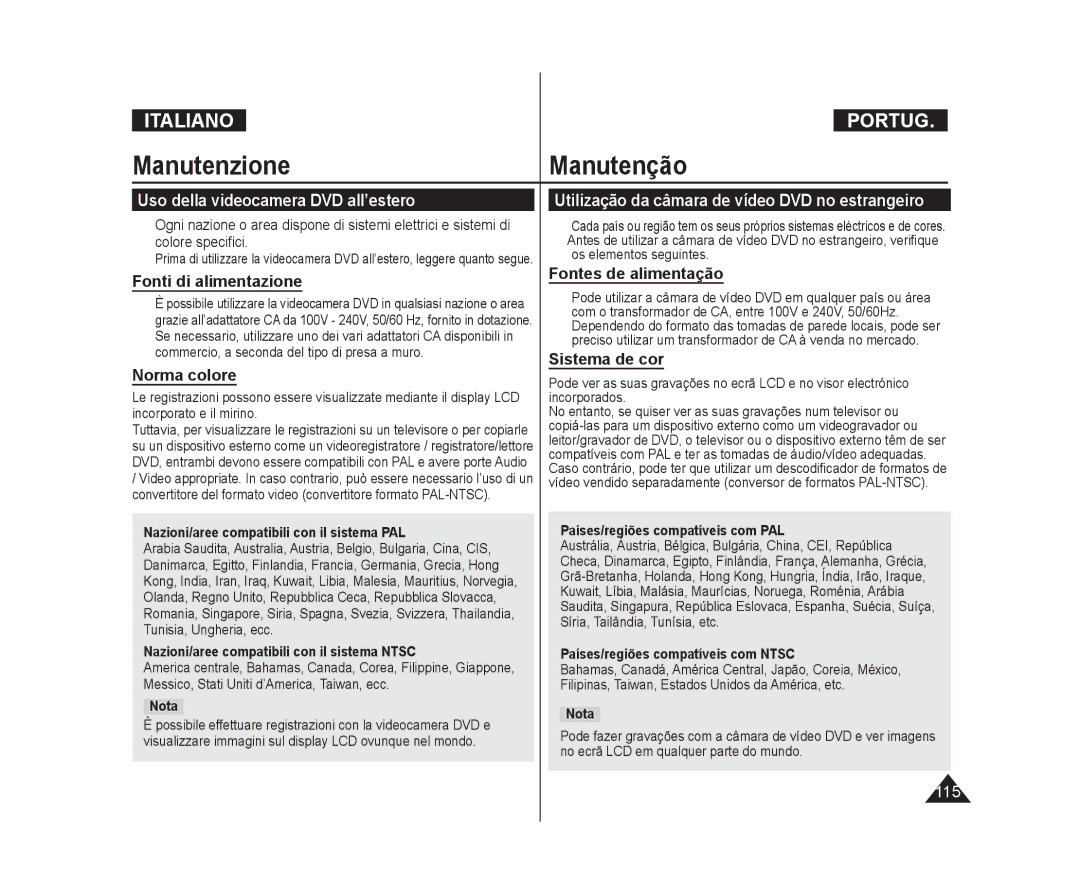 Samsung VP-DC171/XEF, VP-DC575WB/XEF, VP-DC171W/XEF manual ManutenzioneManutenção, Uso della videocamera DVD all’estero 