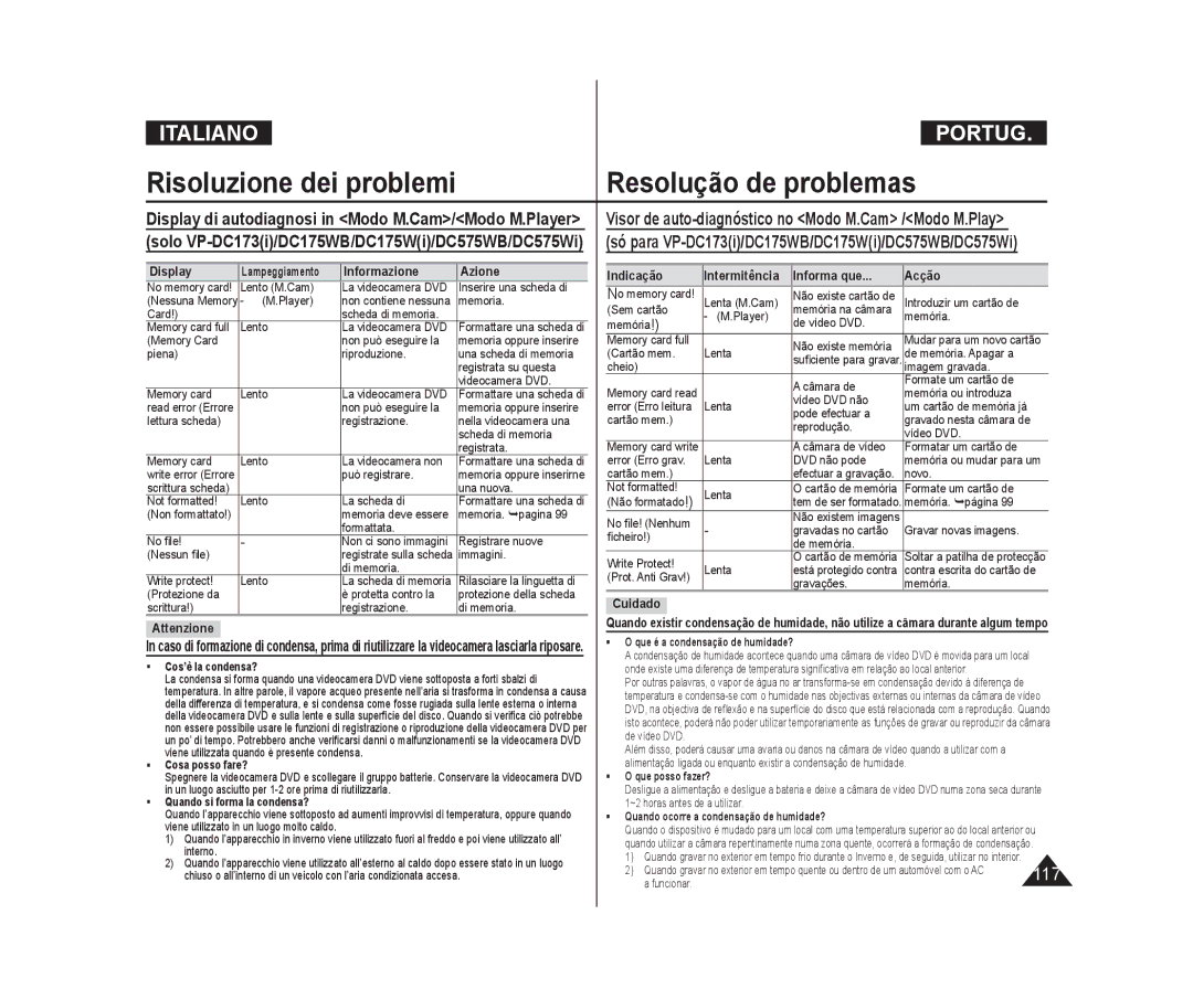 Samsung VP-DC171WB/XEF, VP-DC575WB/XEF, VP-DC171/XEF Risoluzione dei problemi Resolução de problemas, Informazione Azione 