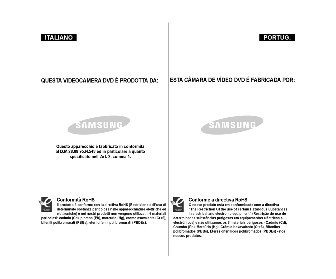 Samsung VP-DC175W/XEF manual Conformità RoHS, Conforme a directiva RoHS, Nosso produto está em conformidade com a directiva 