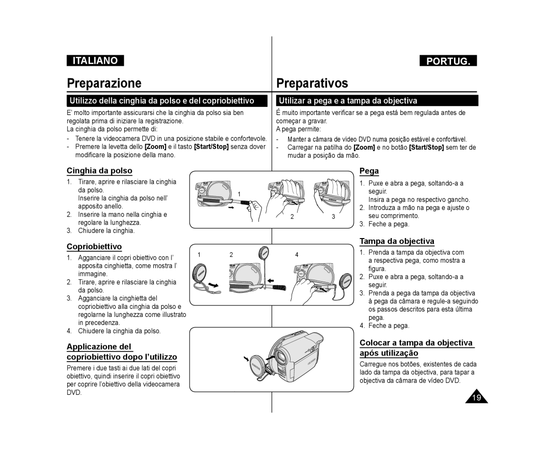 Samsung VP-DC171/XEF, VP-DC575WB/XEF, VP-DC171W/XEF manual PreparazionePreparativos, Utilizar a pega e a tampa da objectiva 