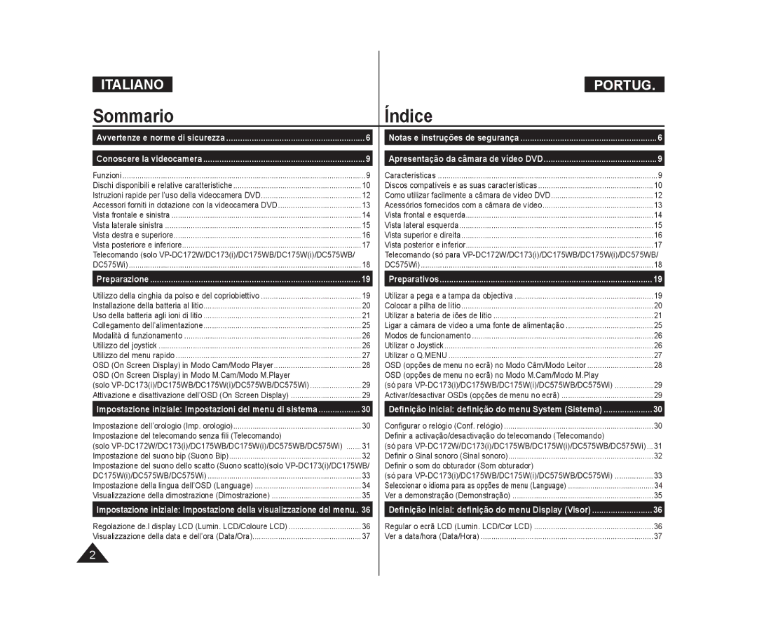 Samsung VP-DC171W/XEF, VP-DC575WB/XEF, VP-DC171/XEF, VP-DC171WB/XEF, VP-DC175W/XEF, VP-DC171WH/XEF manual SommarioÍndice 