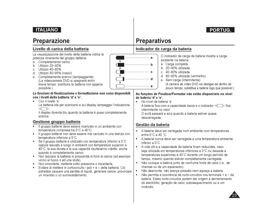 Samsung VP-DC171WH/XEF, VP-DC575WB/XEF, VP-DC171/XEF Preparazione Preparativos, Gestione gruppo batterie, Gestão da bateria 