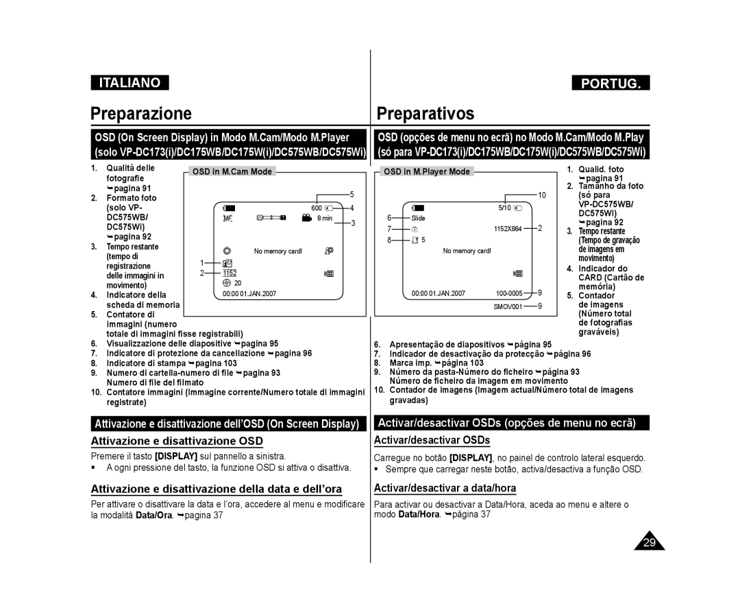 Samsung VP-DC171WH/XEF, VP-DC575WB/XEF Attivazione e disattivazione OSD, Activar/desactivar OSDs opções de menu no ecrã 