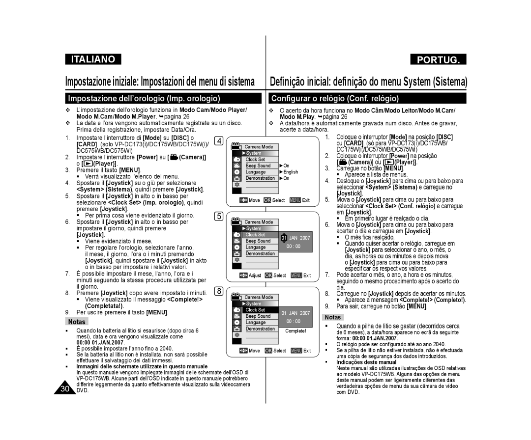 Samsung VP-DC575WB/XEF, VP-DC171/XEF manual Conﬁgurar o relógio Conf. relógio, Impostazione dell’orologio Imp. orologio 