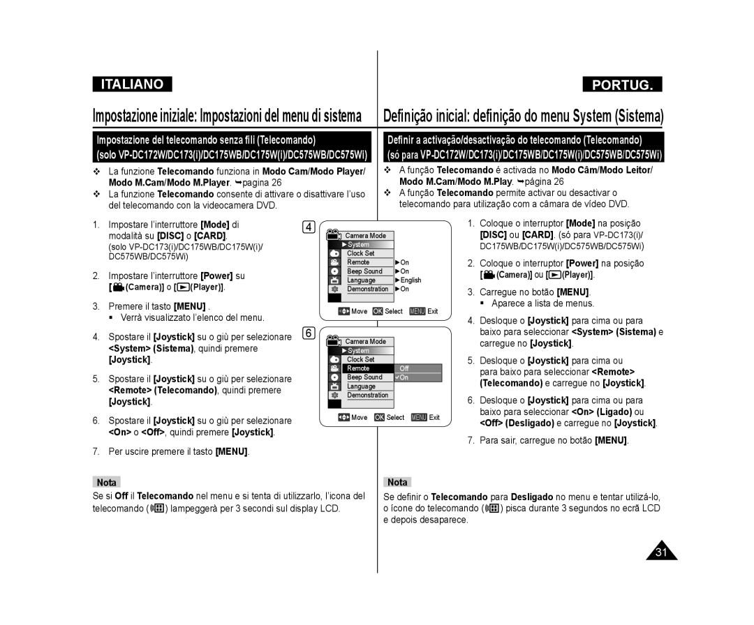 Samsung VP-DC171/XEF Impostazione del telecomando senza ﬁli Telecomando, Impostare l’interruttore Power su Camera o Player 