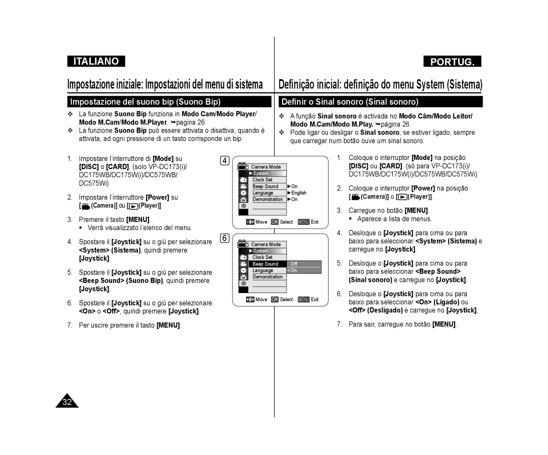 Samsung VP-DC171W/XEF, VP-DC171/XEF Impostazione del suono bip Suono Bip, Deﬁnição inicial deﬁnição do menu System Sistema 