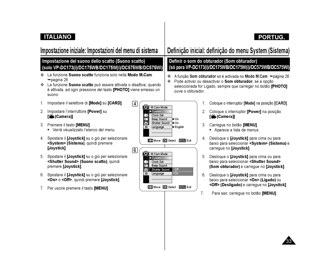 Samsung VP-DC171WB/XEF manual Deﬁnir o som do obturador Som obturador, Impostazione del suono dello scatto Suono scatto 