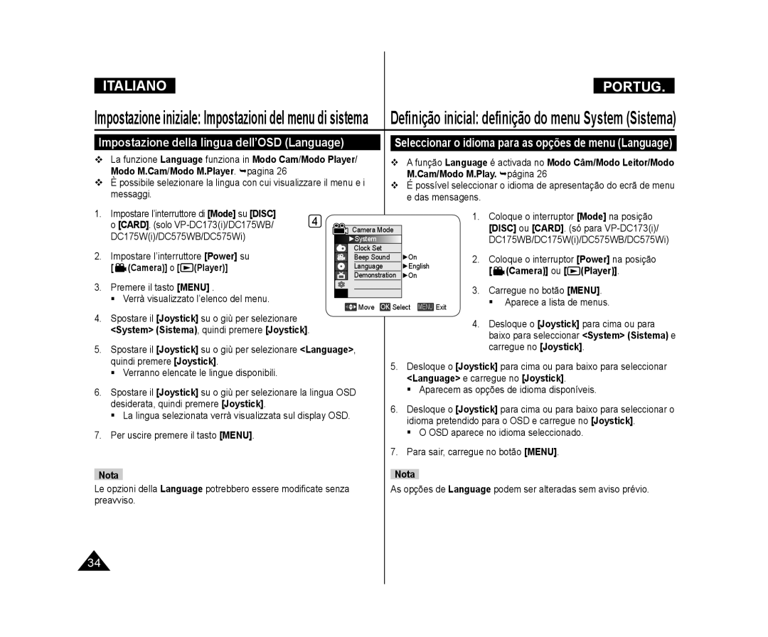 Samsung VP-DC175W/XEF Impostazione della lingua dell’OSD Language, Seleccionar o idioma para as opções de menu Language 