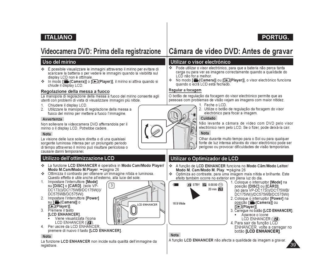 Samsung VP-DC171WB/XEF, VP-DC575WB/XEF manual Uso del mirino, Utilizzo dell’ottimizzazione LCD, Utilizar o visor electrónico 