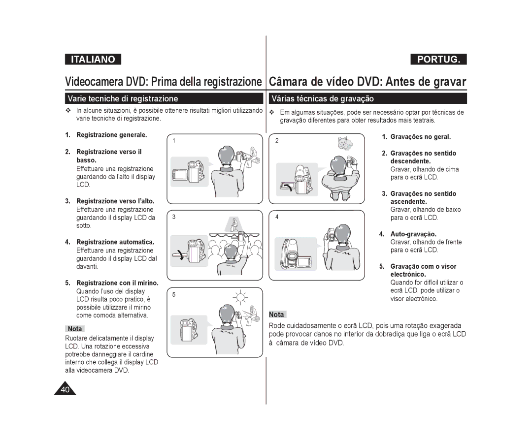 Samsung VP-DC175W/XEF, VP-DC575WB/XEF, VP-DC171/XEF manual Varie tecniche di registrazione, Várias técnicas de gravação 