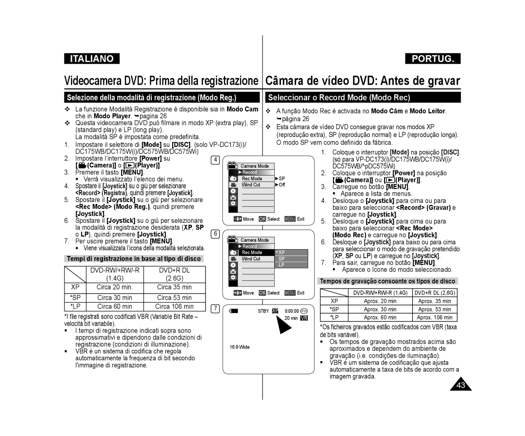 Samsung VP-DC171/XEF Seleccionar o Record Mode Modo Rec, Selezione della modalità di registrazione Modo Reg, Rec Mode 